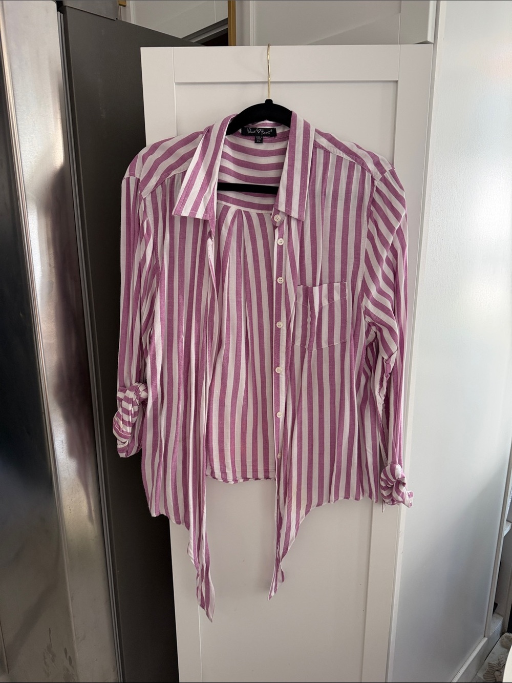 Striped Button-Up Shirt tie waist - Pink & White